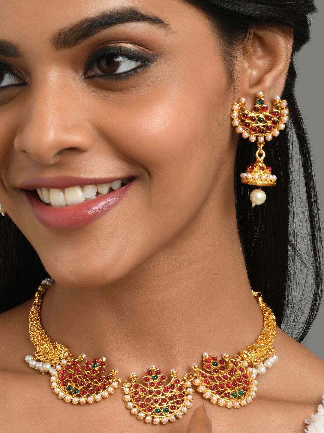 

Fida Gold-Plated Red Ruby & Kundan Studded White Pearl Beaded Handcrafted Jewellery Set