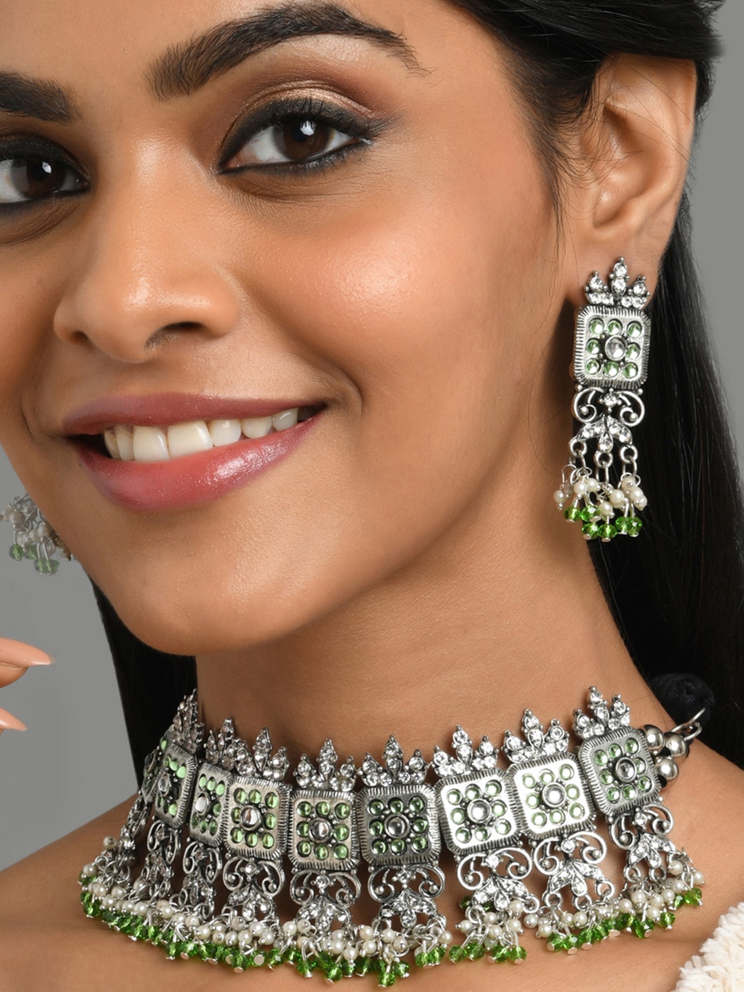 

Fida Silver Plated Studded Oxidised Jewellery Set