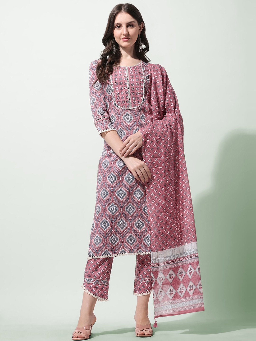 

KALINI Women Plus Size Coral & White Pure Cotton Kurta with Trousers & Dupatta
