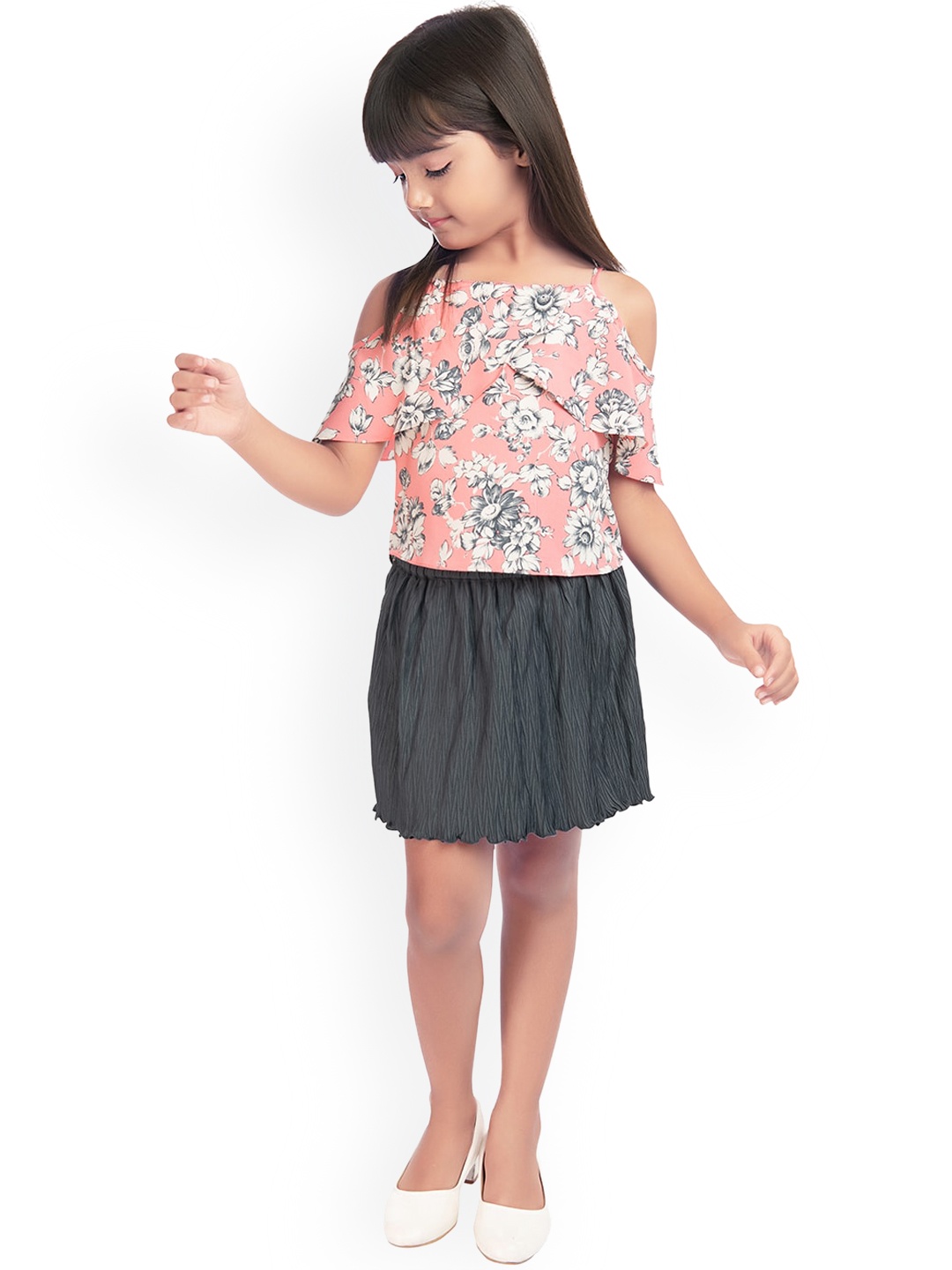 

Tiny Baby Girls Pink & Charcoal Grey Printed Top with Skirt