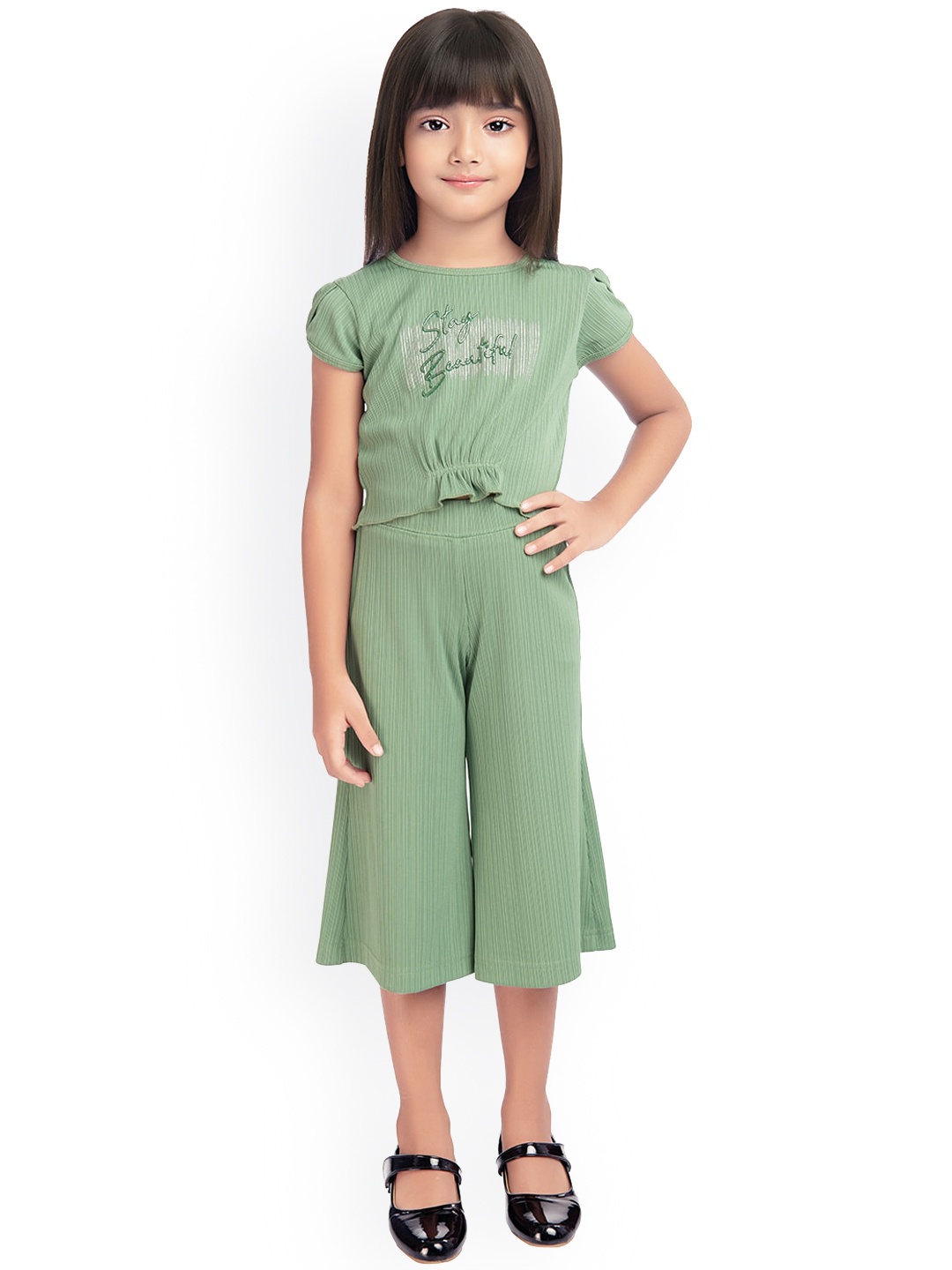 

Tiny Baby Girls Green Self Design Top with Culottes Trousers