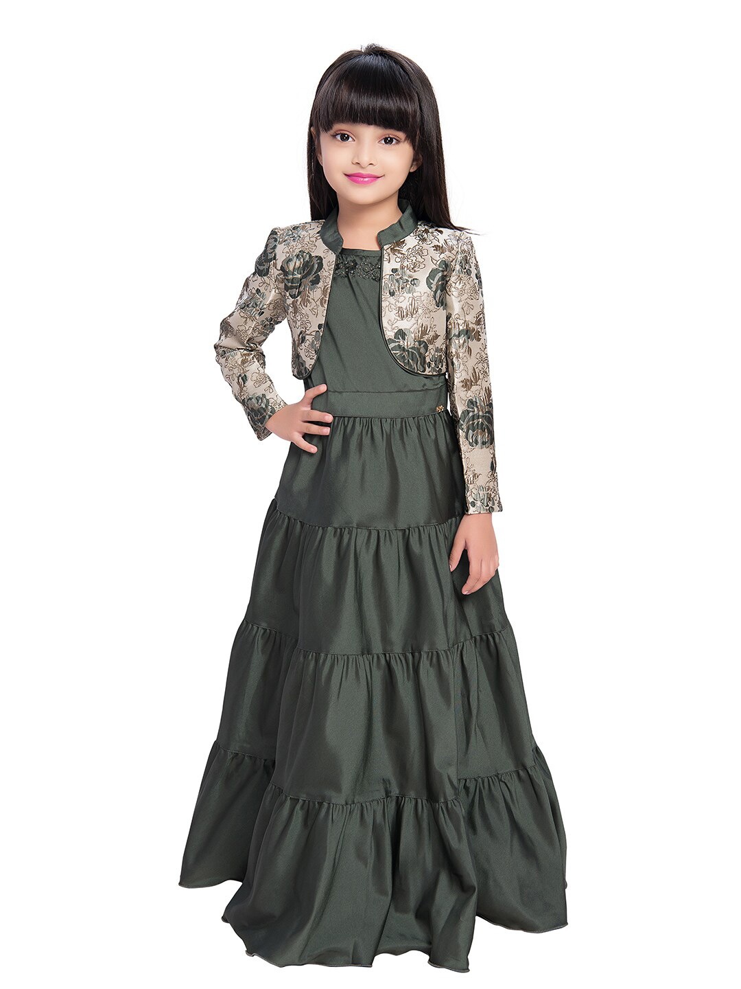 

Tiny Baby Girls Green Solid Satin Fit and Flare Dress With Waistcoat