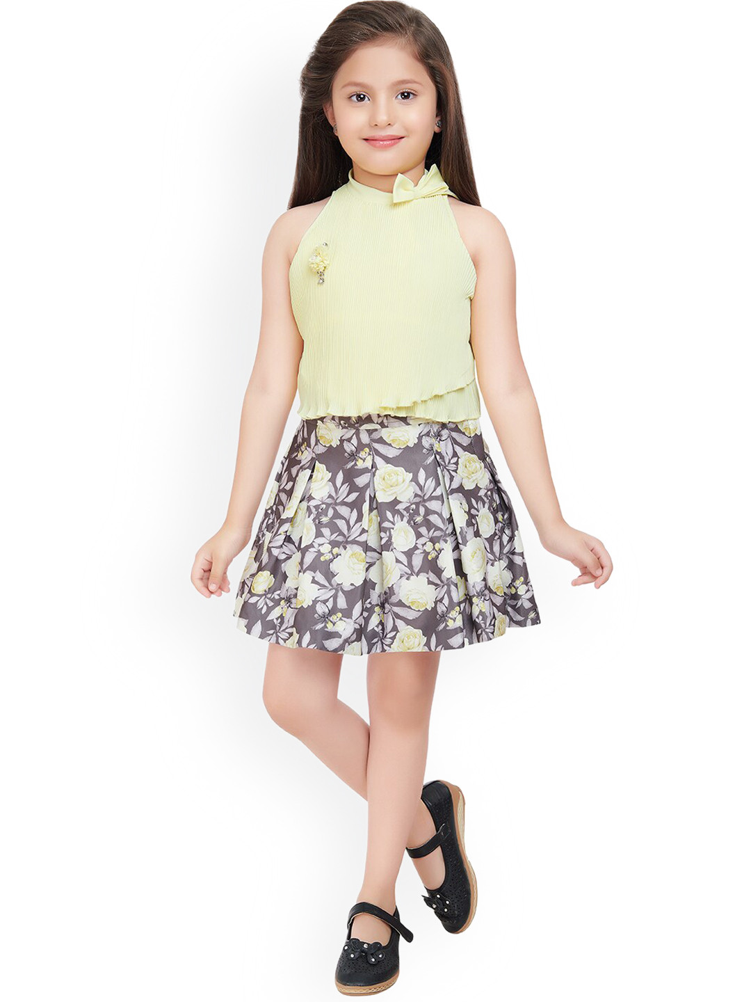 

Tiny Baby Girls Yellow & Grey Halter Neck Top with Skirt