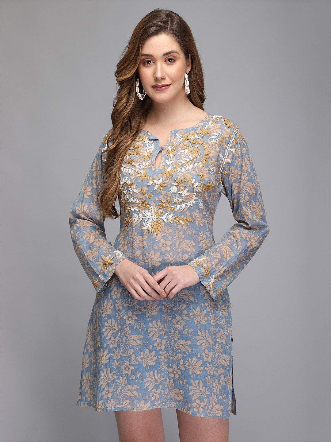 

Aditi Wasan light Blue & Beige Floral Print And Hand Embroidered Sheer Cotton Tunic
