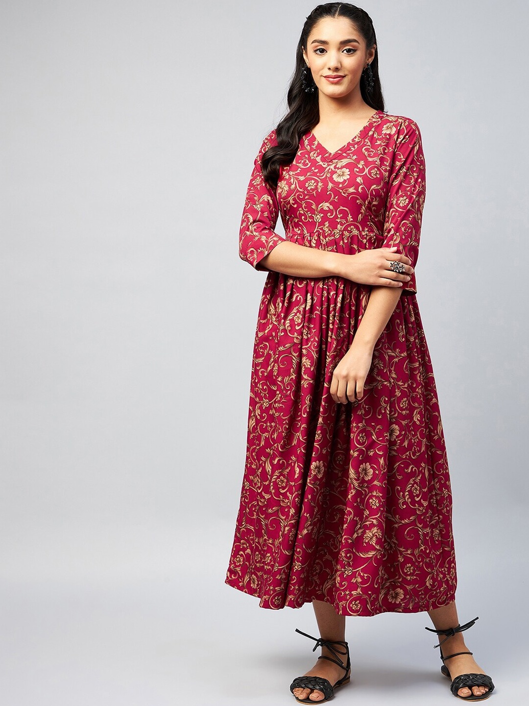 

InWeave Women Maroon Ethnic Motifs Printed Flared Sleeves Crepe Anarkali Kurta