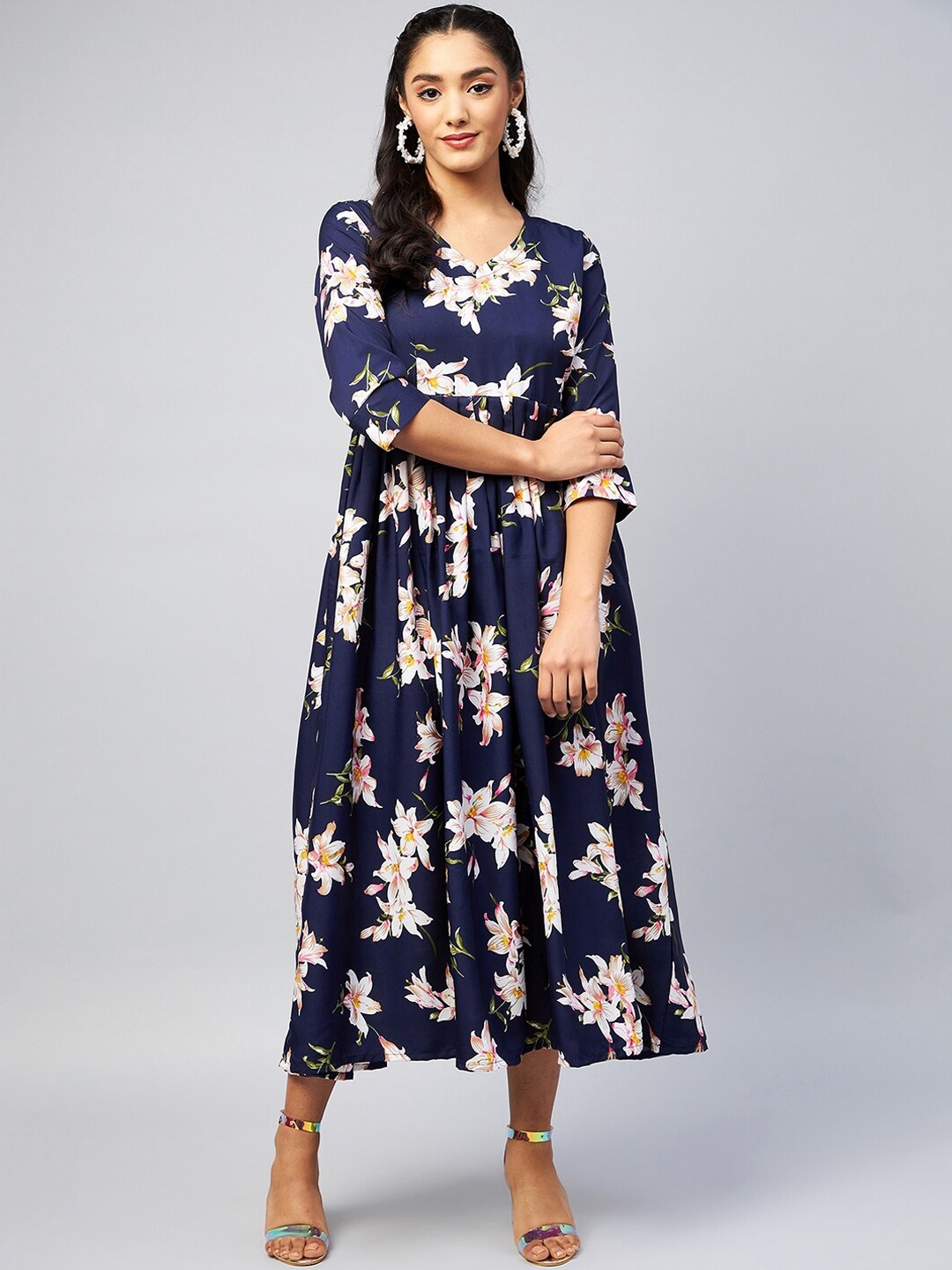 

InWeave Women Blue Floral Printed Crepe Anarkali Kurta