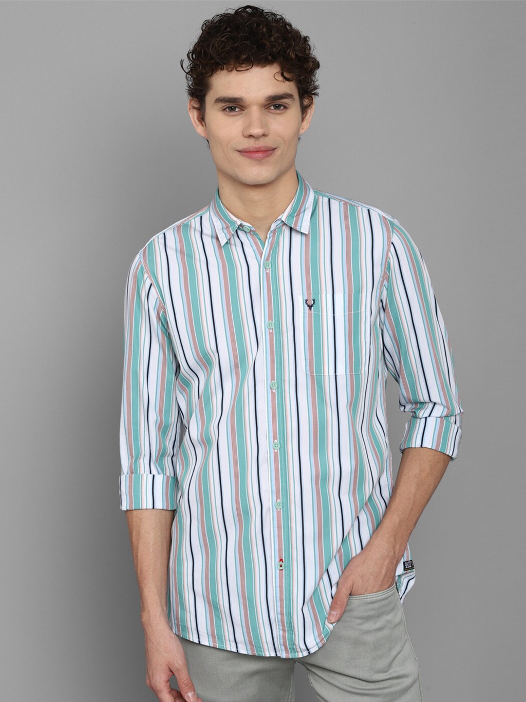 

Allen Solly Sport Men Green Pure Cotton Striped Casual Shirt