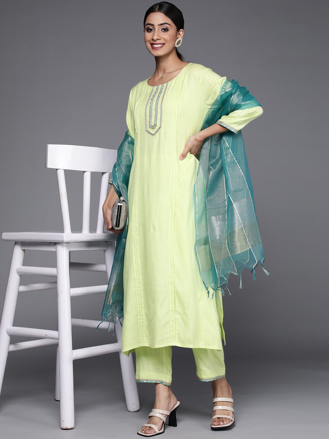 

Varanga Women Green Pleated Kurta with Trousers & Dupatta