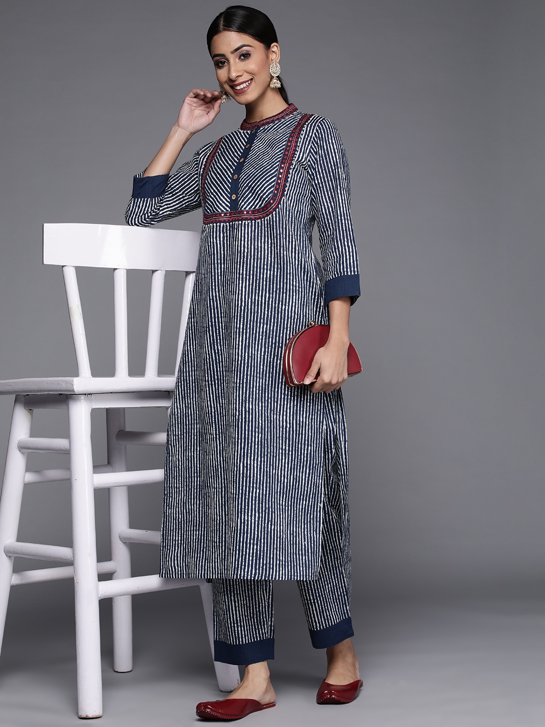 

Varanga Women Blue & White Striped Mirror Work Pure Cotton Kurta with Trousers