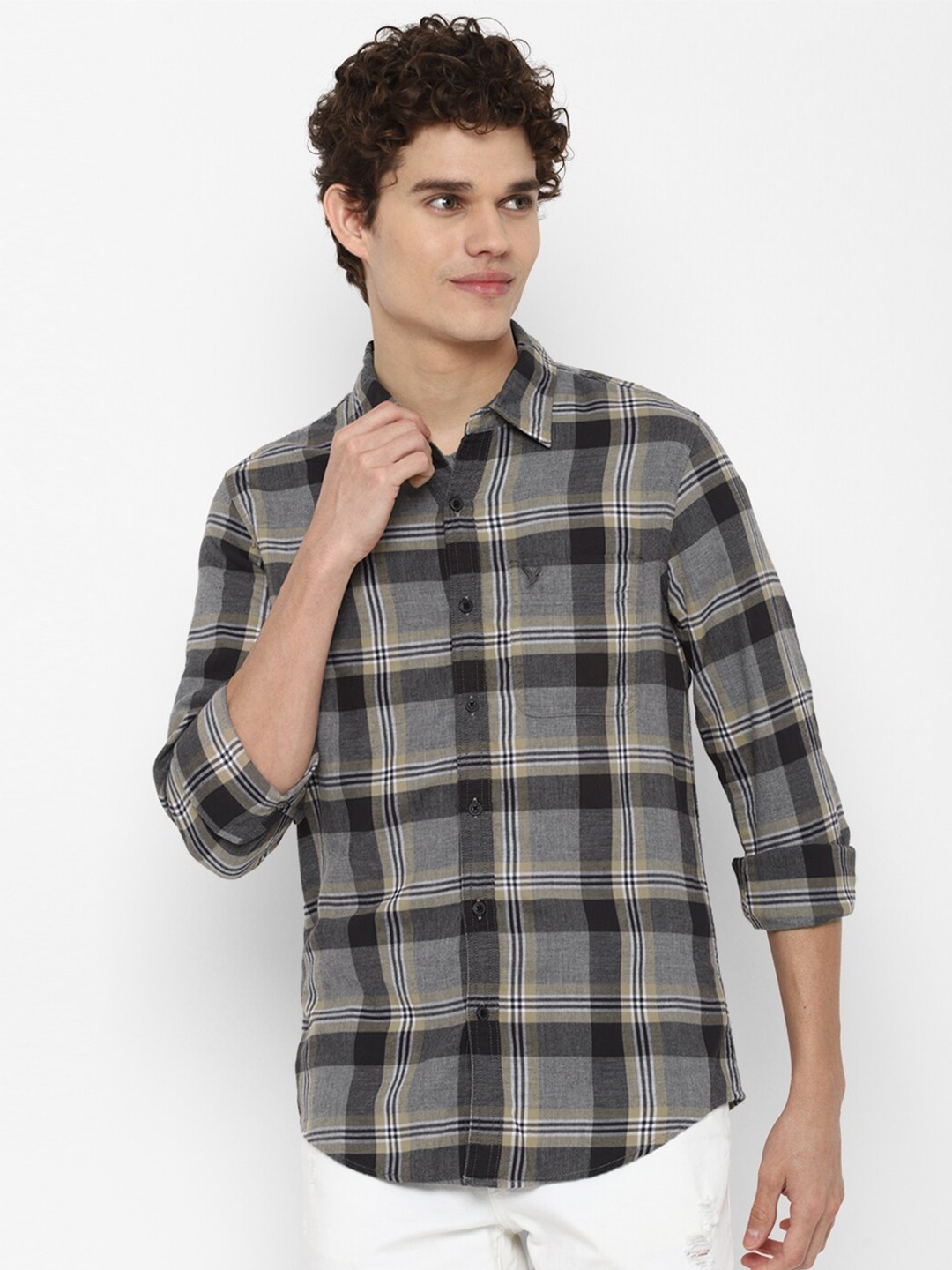 

AMERICAN EAGLE OUTFITTERS Men Grey Slim Fit Tartan Checks Checked Casual Shirt