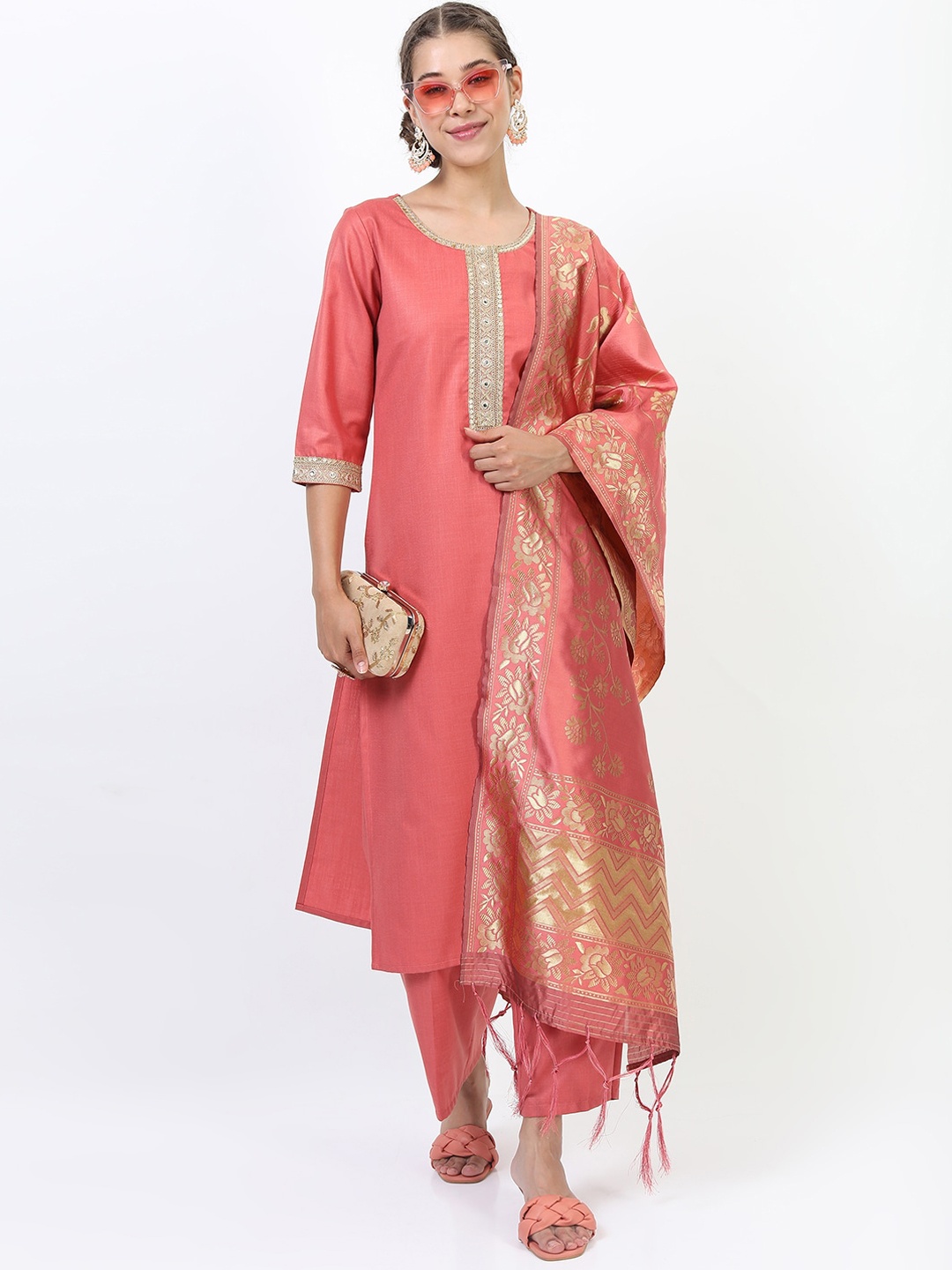 

KETCH Women Coral Pleated Kurti with Trousers & Dupatta