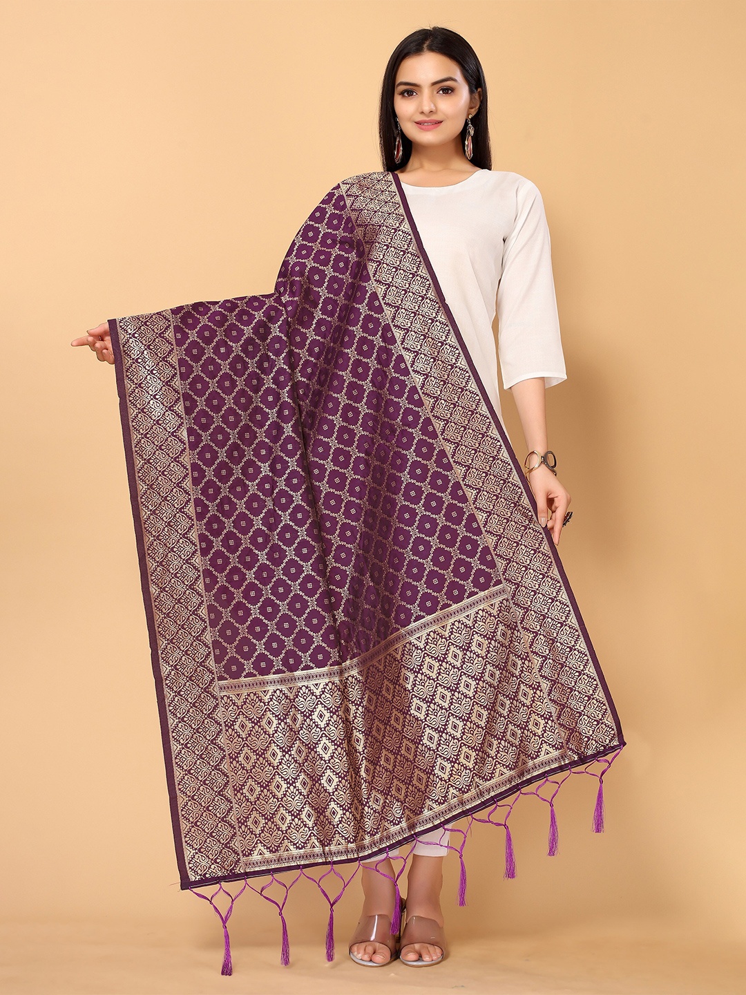 

all about you Purple & Gold-Toned Ethnic Motifs Woven Design Dupatta