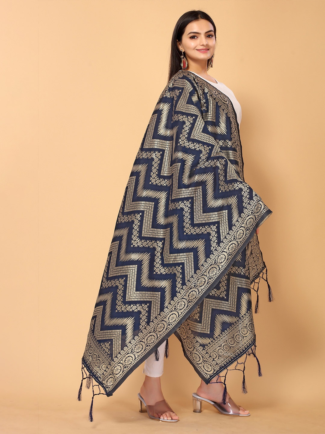 

all about you Navy Blue & Gold-Toned Ethnic Motifs Woven Design Leheriya Dupatta