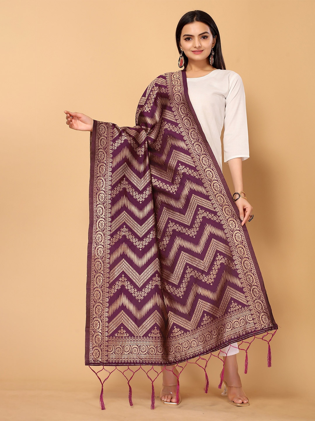 

all about you Purple & Gold-Toned Ethnic Motifs Woven Design Dupatta