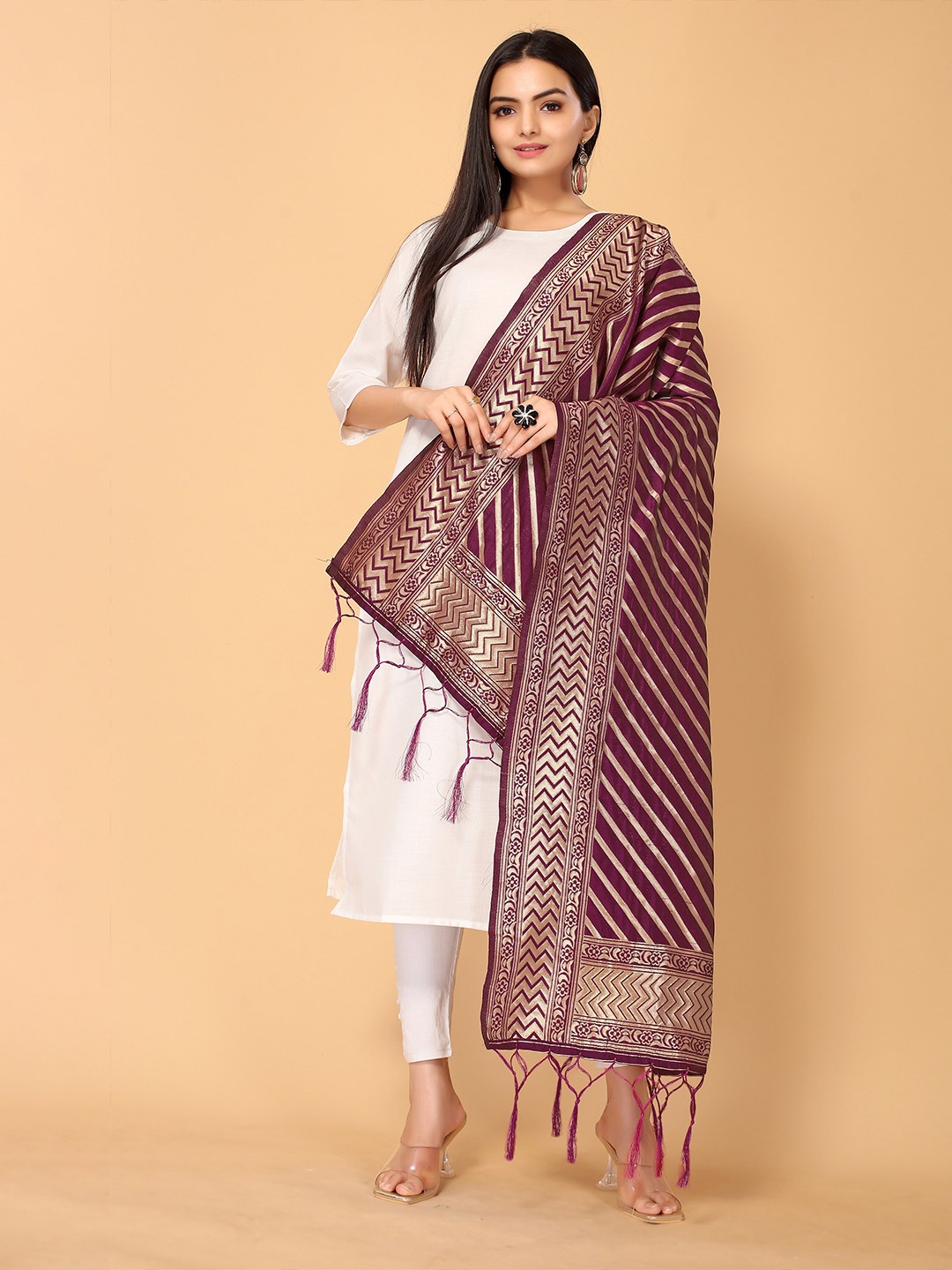 

all about you Purple & Gold-Toned Woven Design Dupatta