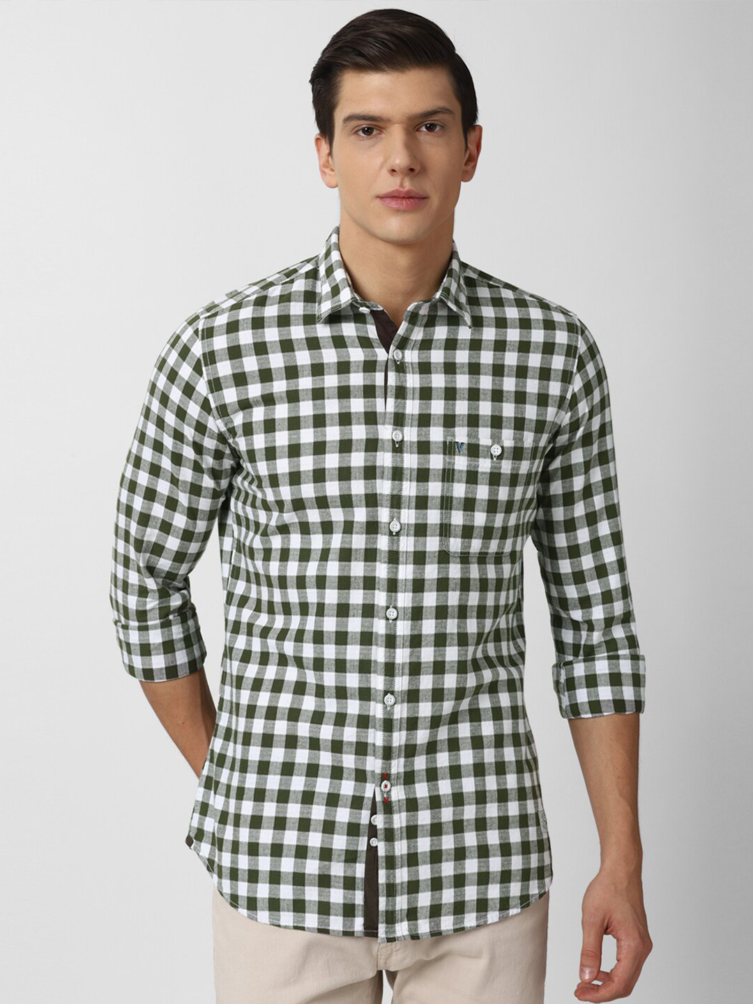 

VAN HEUSEN DENIM LABS Men Olive Green Slim Fit Gingham Checked Pure Cotton Casual Shirt