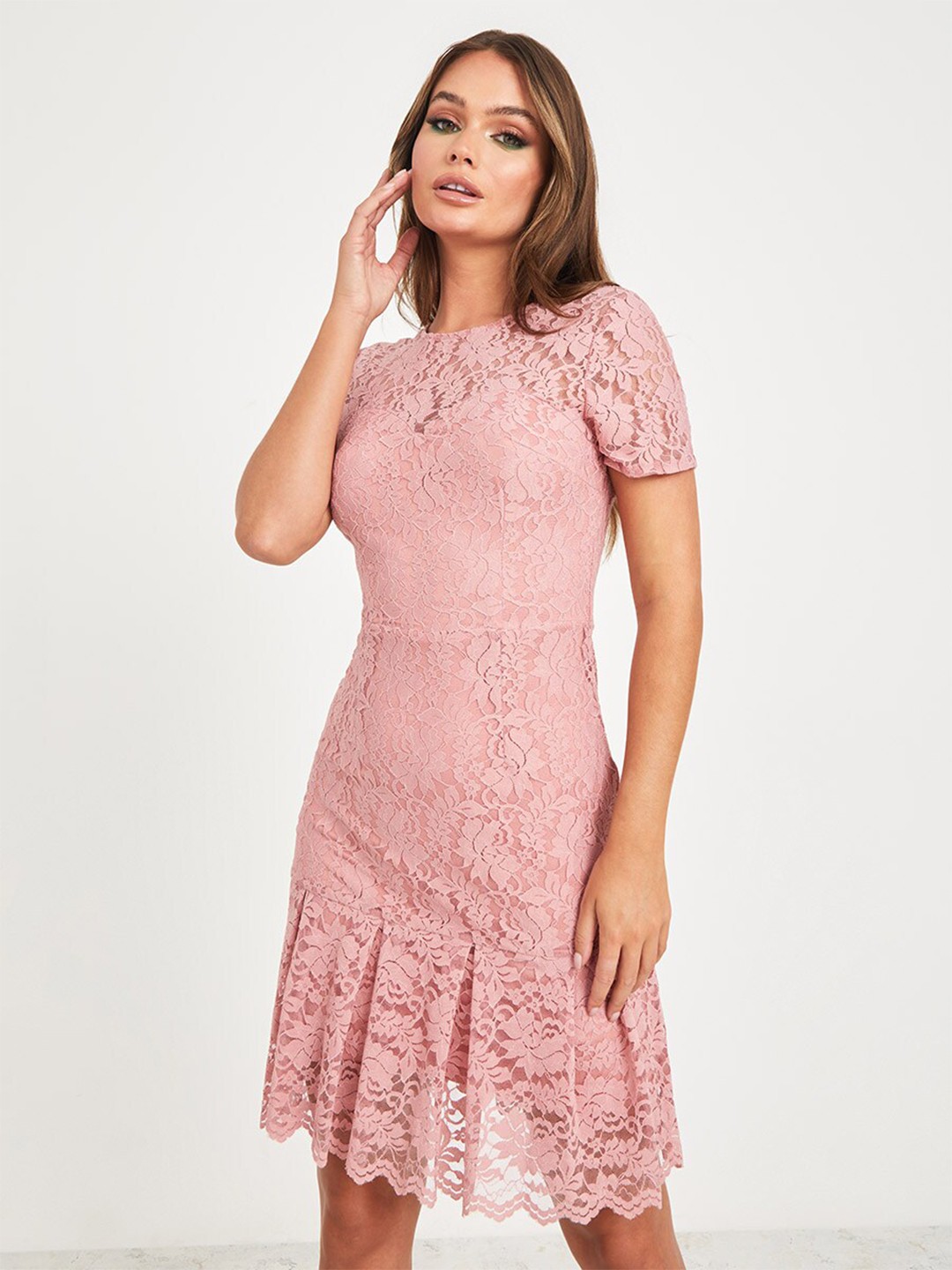 

Styli Short Sleeves Lace Insert Knee Length Dress, Pink