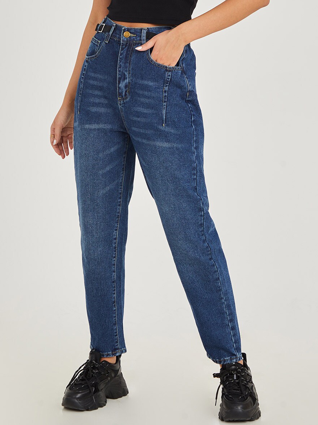 

Styli Women Blue High Rise Belt Detail Mom Jeans