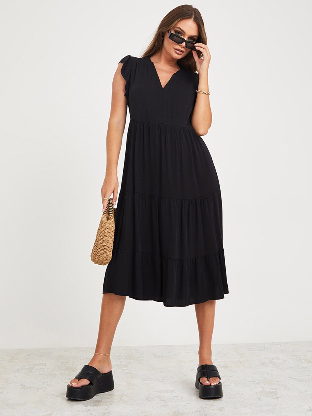 

Styli Women Frill Sleeves Viscose Tiered Midi Dress, Black