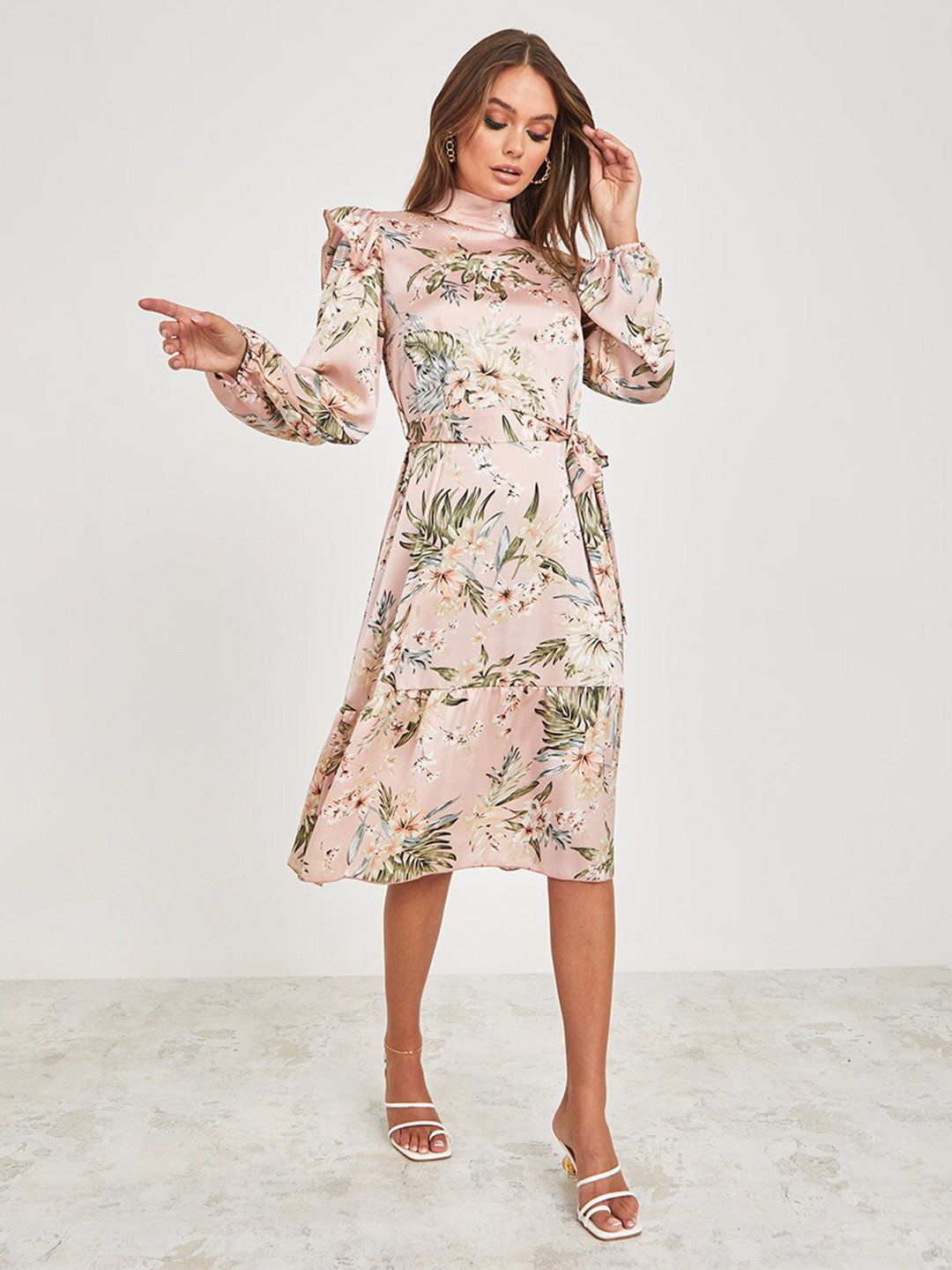 

Styli Pink Floral Print A-Line Midi Dress with Belt