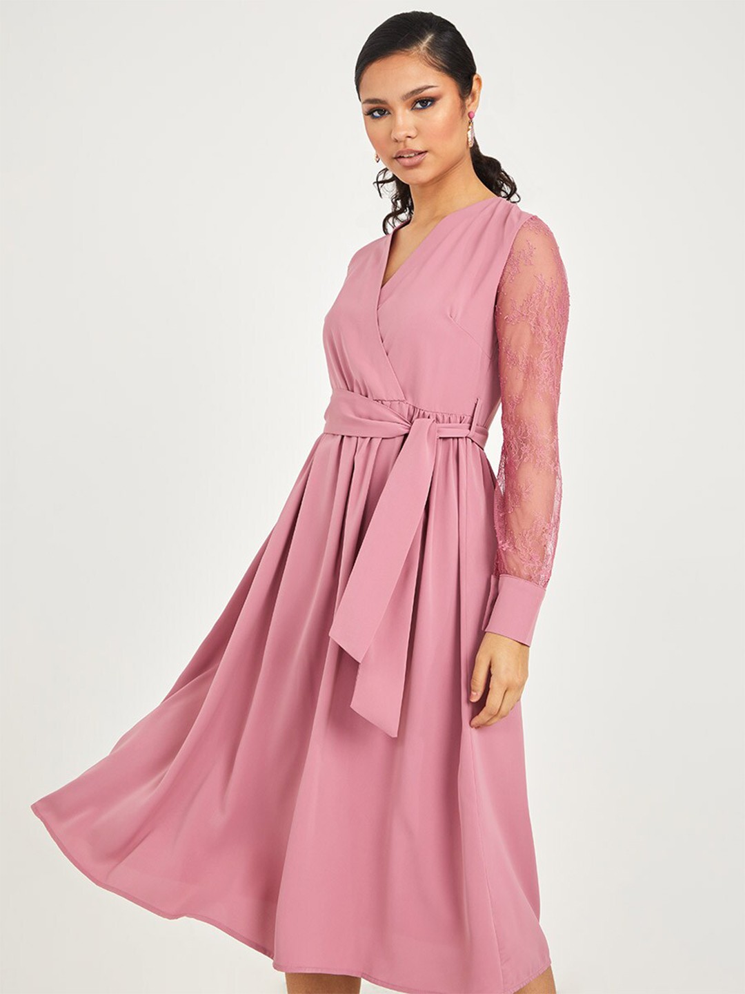 

Styli Purple Long Sleeves Lace Insert Wrap Front Midi Dress with Tie Belt