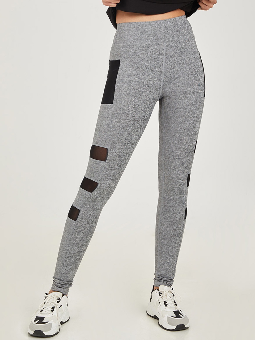 

Styli Women Grey Melange Contrast Mesh Insert Melange Activewear Leggings