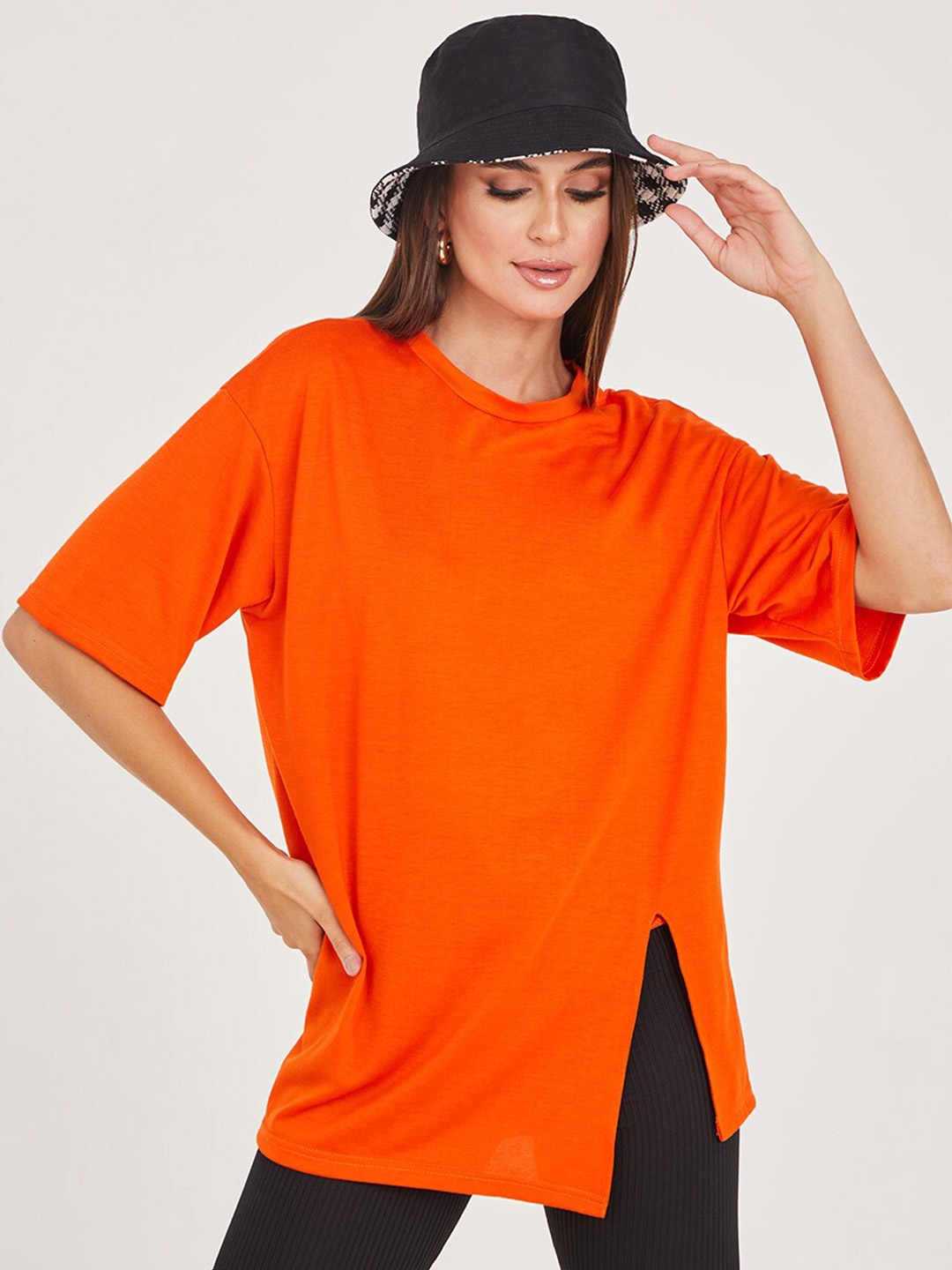 

Styli Orange Short Sleeves Slit Detail Oversized Longline T-Shirt