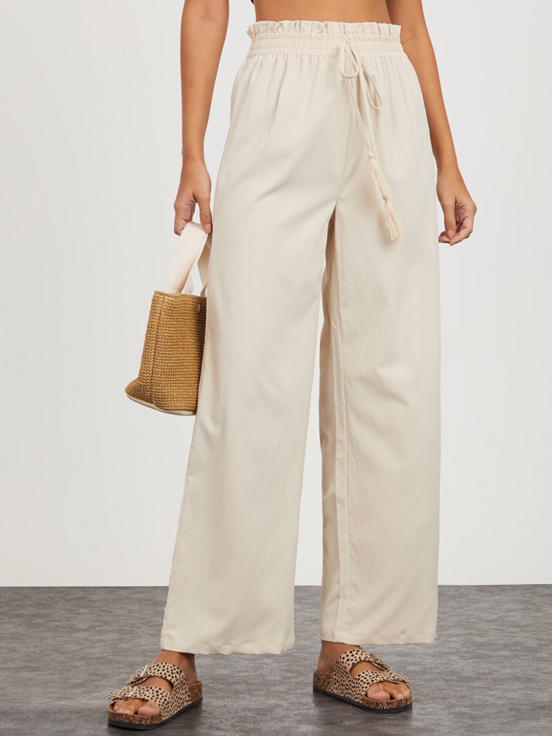 

Styli Women Cream-Coloured Wide Leg High-Rise Elasticated Drawstring Trousers