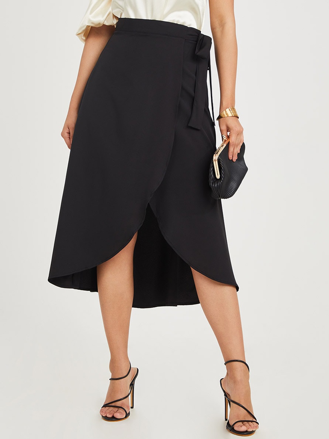 

Styli Women Black Asymmetric Hem Wrap Midi Skirt