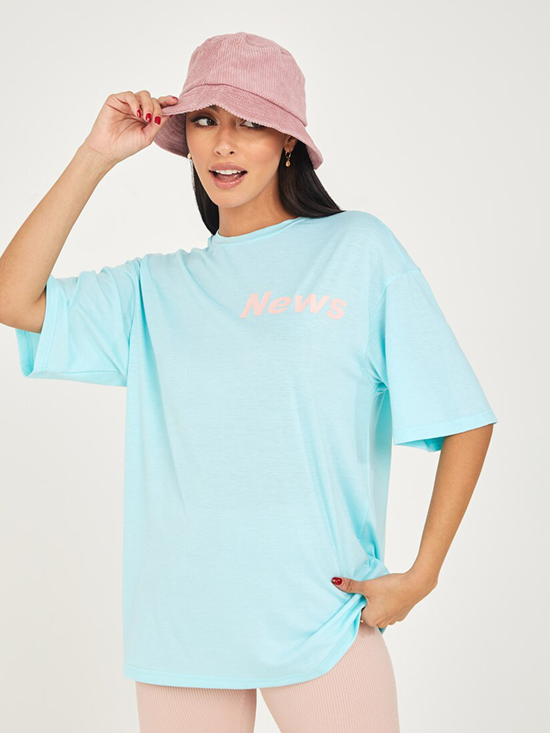 

Styli Women Sea Green Drop Shoulder Sleeve Slogan Print Oversized T-shirt