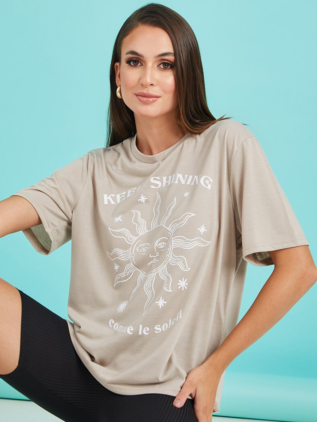 

Styli Women Beige Short Sleeves Sun Graphic Oversized T-shirt