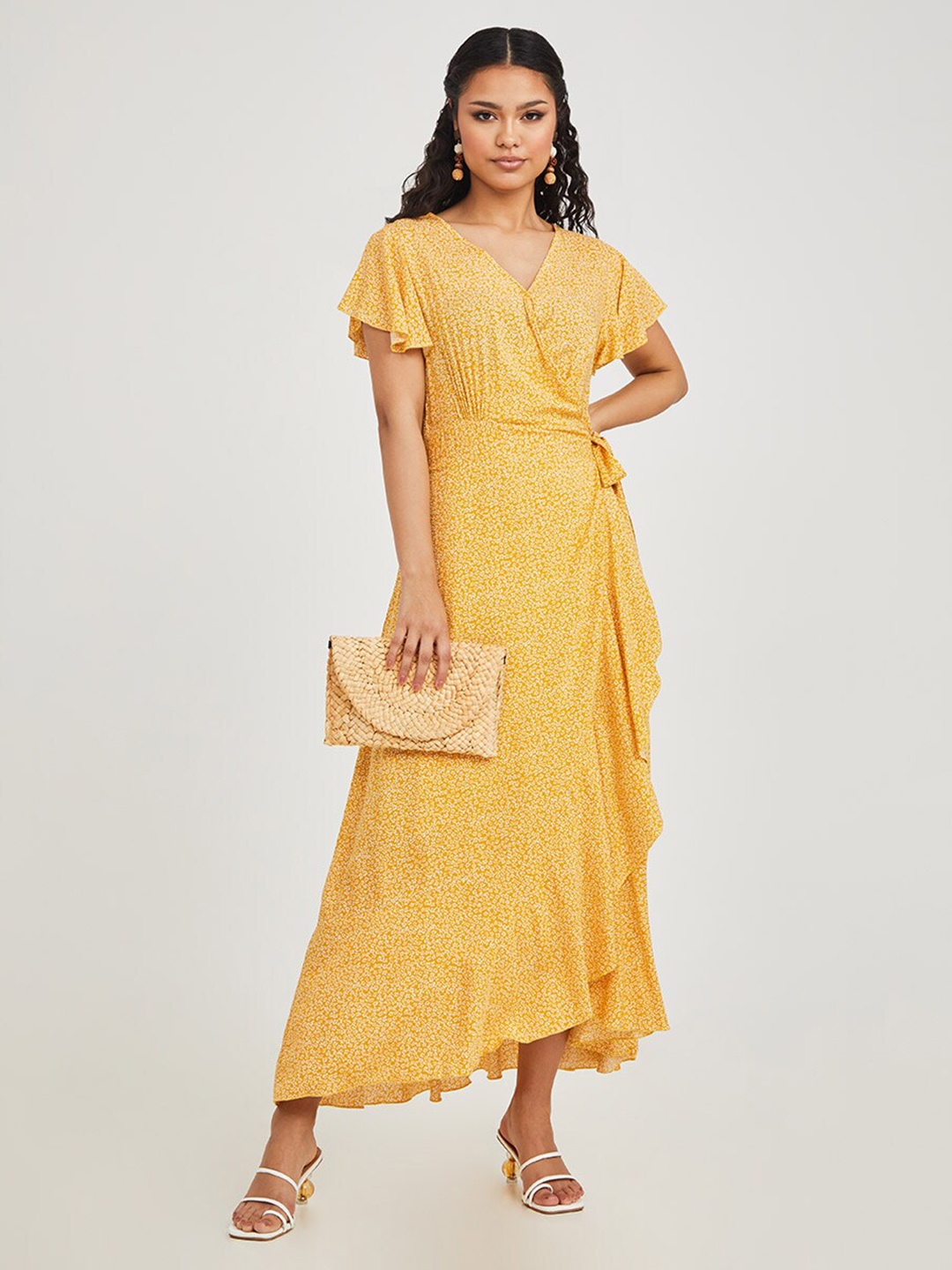 

Styli Yellow Ditsy Print Wrap Maxi Dress