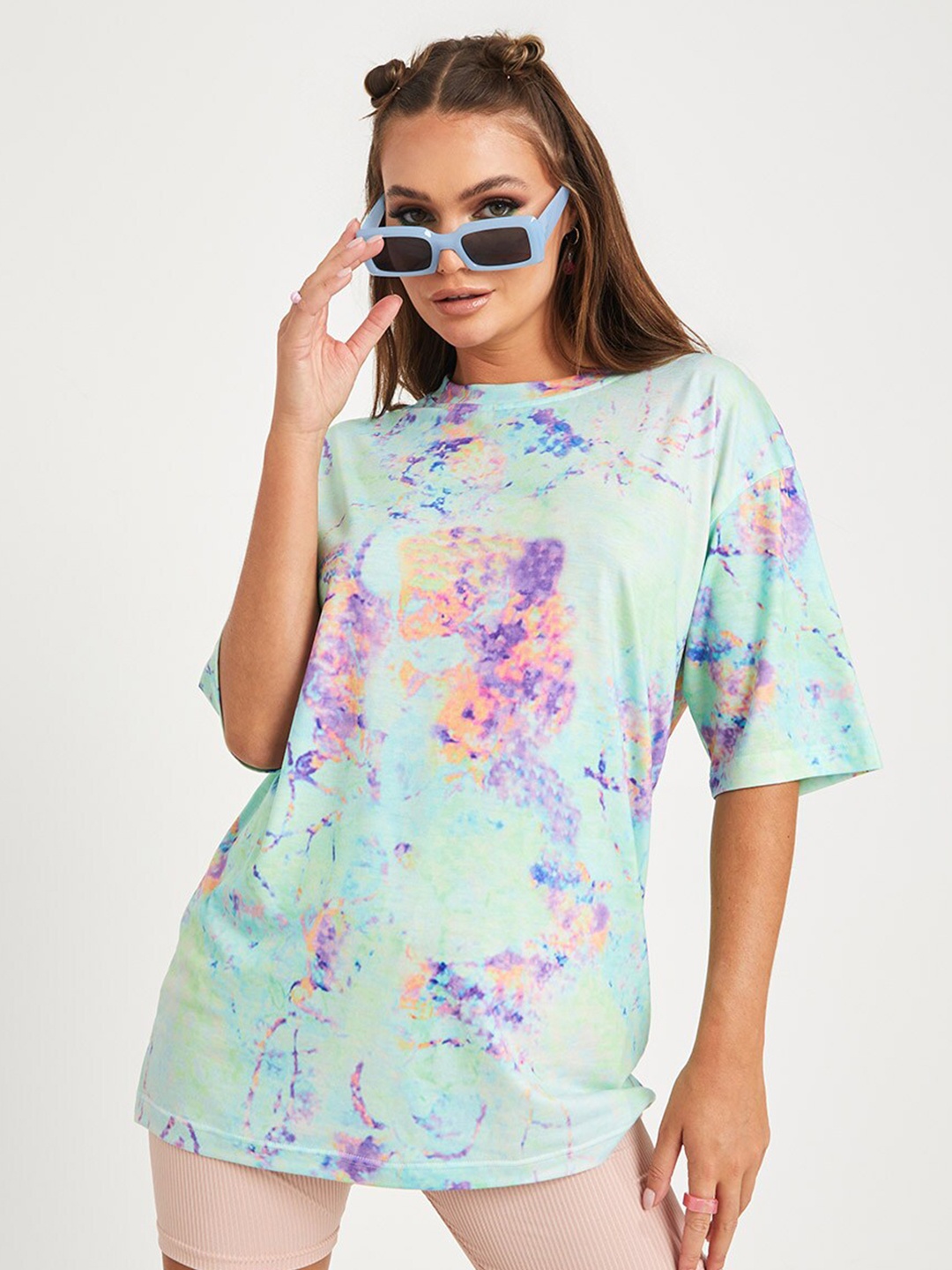 

Styli Multicoloured Short Sleeves Tie and Dye Oversized Longline T-shirt, Multi