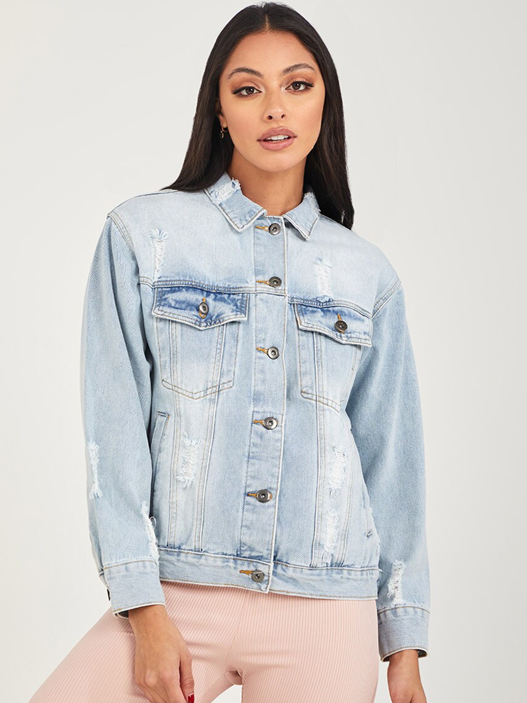 

Styli Women Blue Washed Distressed Detail Oversized Denim Jacket