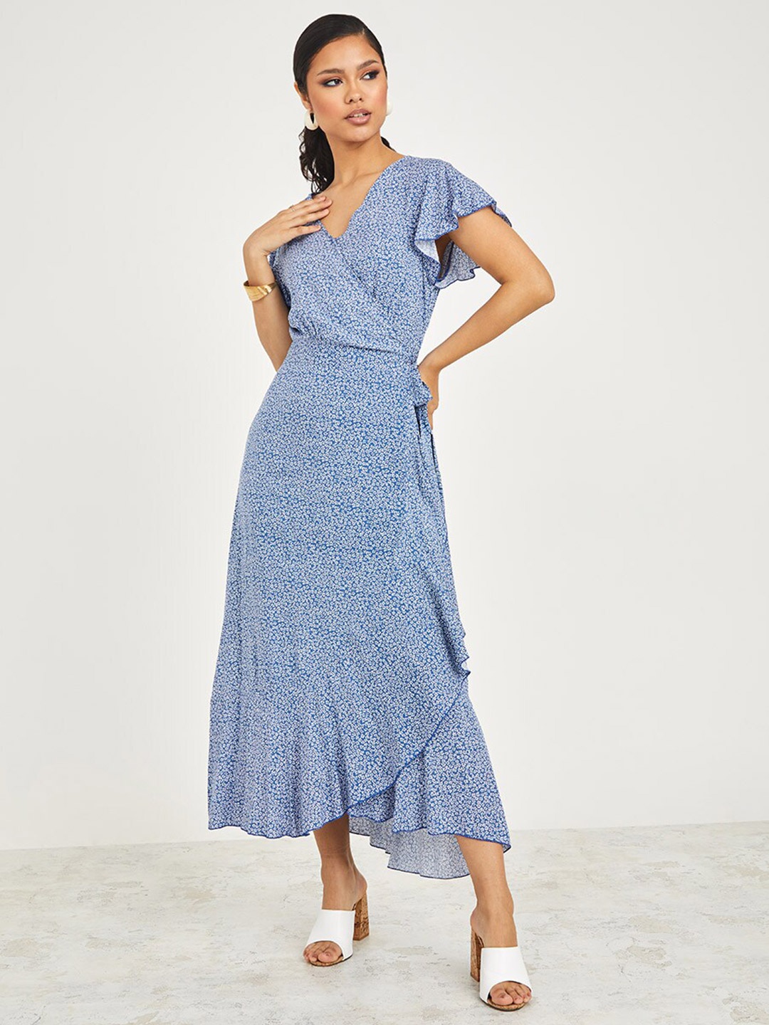 

Styli Blue Cap Sleeves Ditsy Print Wrap Maxi Dress