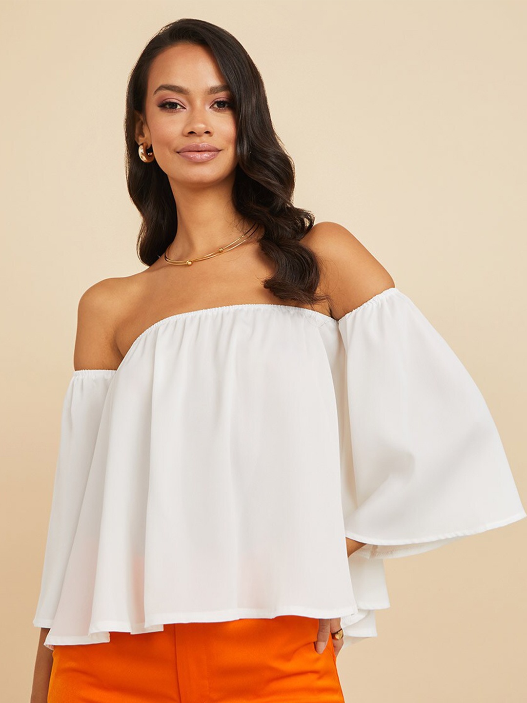 

Styli Women White Volume Frill Sleeves Off Shoulder Top