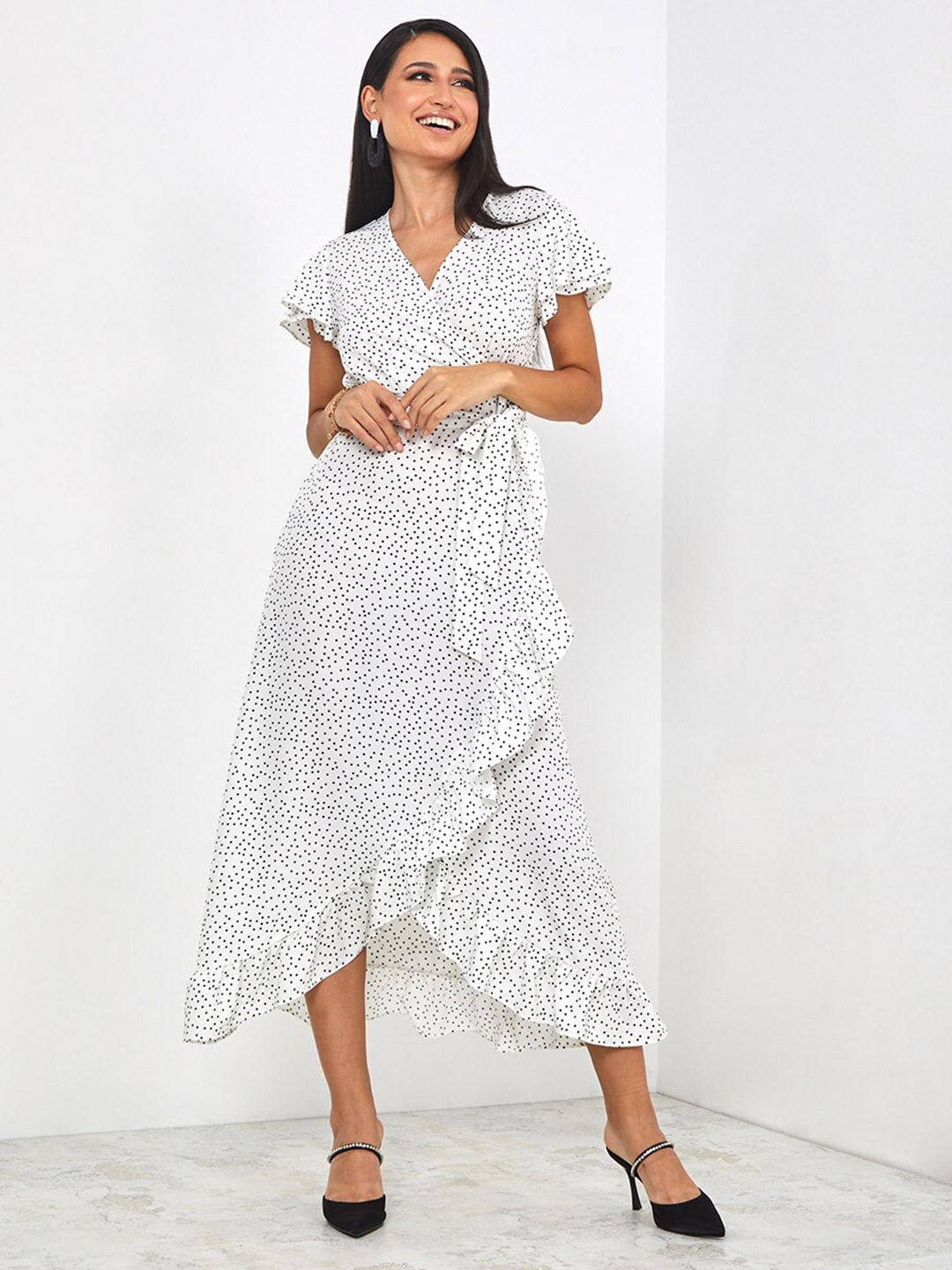 

Styli White Frill Sleeve Polka Dot Print Wrap Maxi Dress