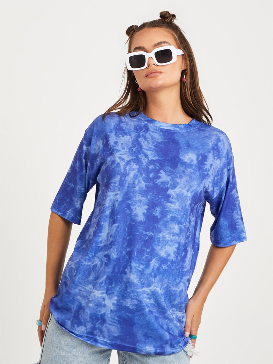 

Styli Women Short Sleeve Tie and Dye Oversized Longline T-shirt, Blue