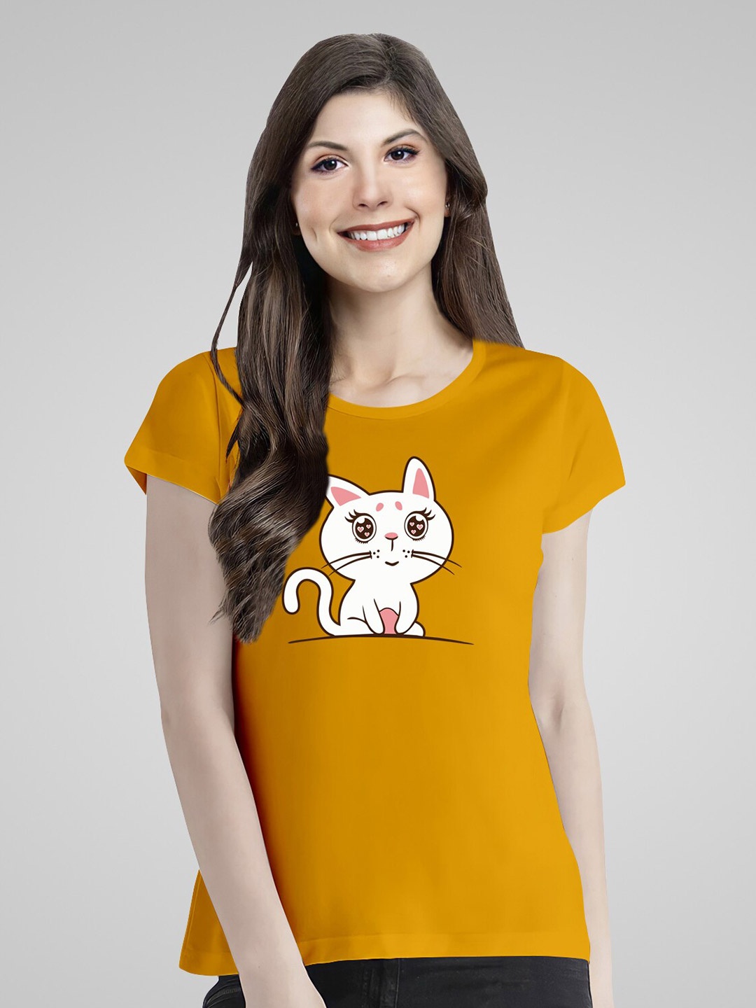 

Pootlu Women Yellow Printed Extended Sleeves Applique T-shirt