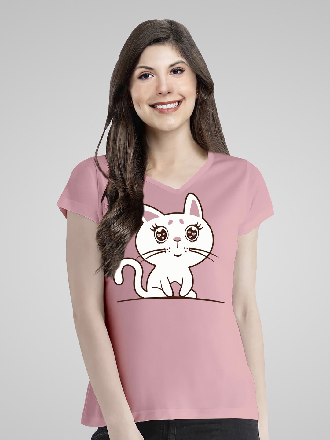 

Pootlu Women Pink & White Printed Extended Sleeves T-shirt