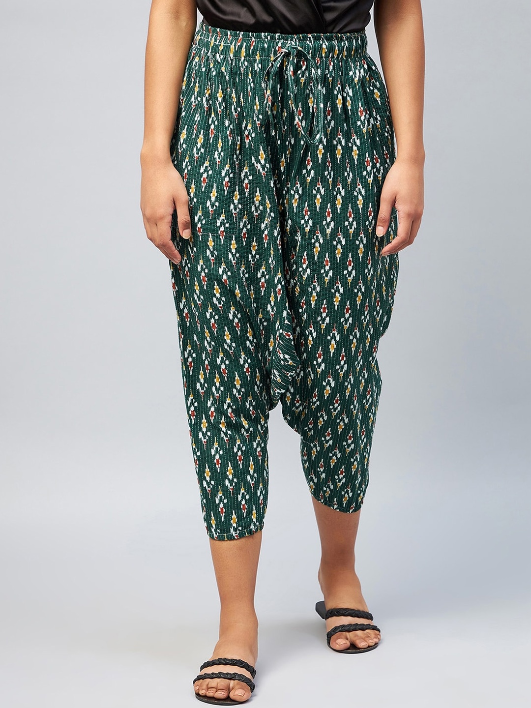 

InWeave Women Green & White Ikkat Printed Slim-Fit Harem Pants