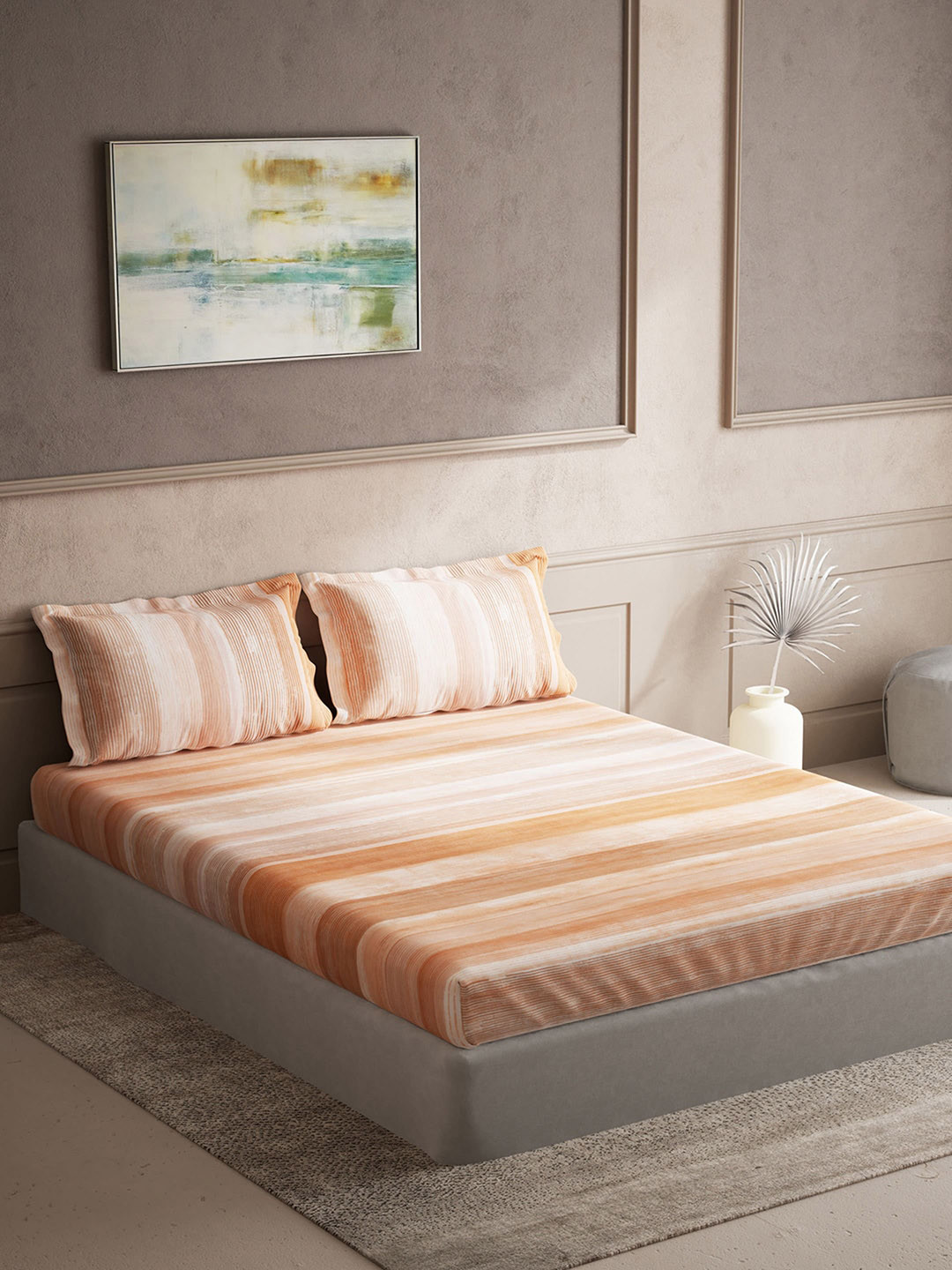 

DDecor Orange & White Striped 140 TC King Bedsheet with 2 Pillow Covers