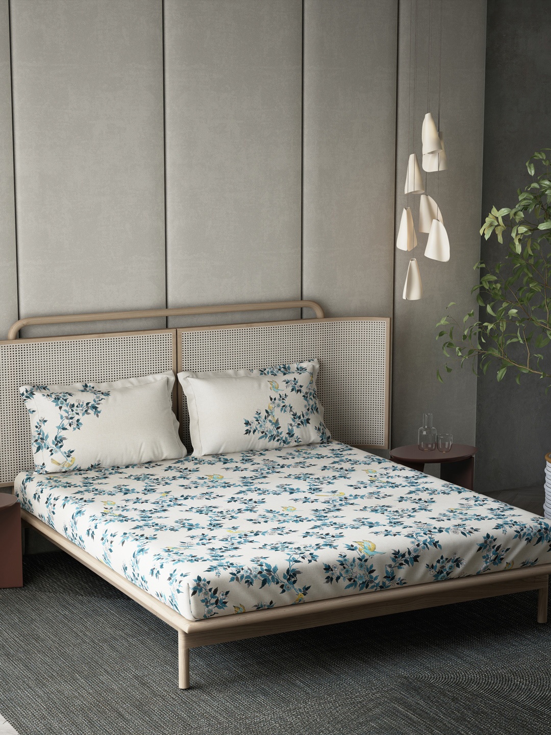 

DDecor Blue & Cream Floral Printed 140 TC Queen Cotton Bedsheet with Pillow Covers