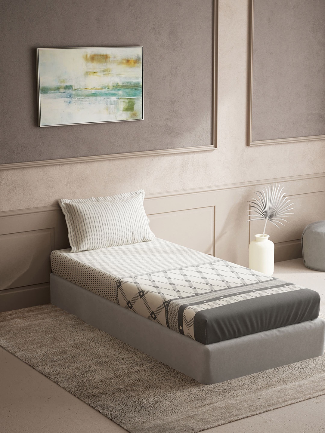 DDecor Cream & Grey Geometric 150 TC Cotton Single Bedsheet with 1 Pillow Cover