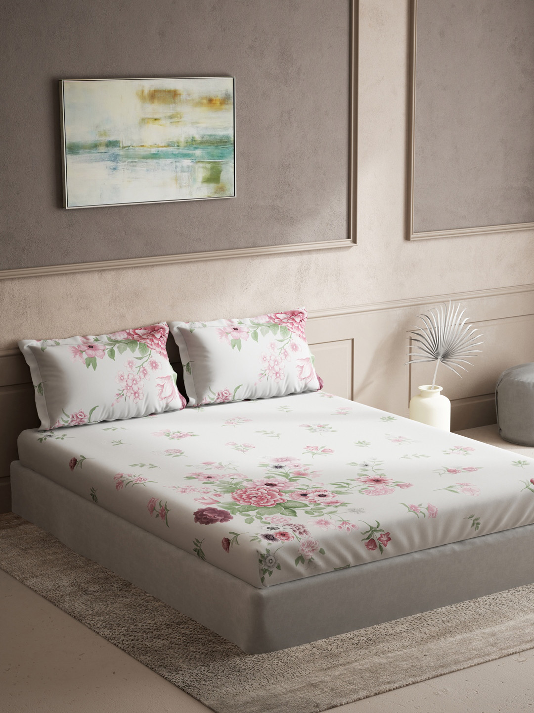 

DDecor White & Pink Floral 150 TC Cotton King Bedsheet with 2 Pillow Covers