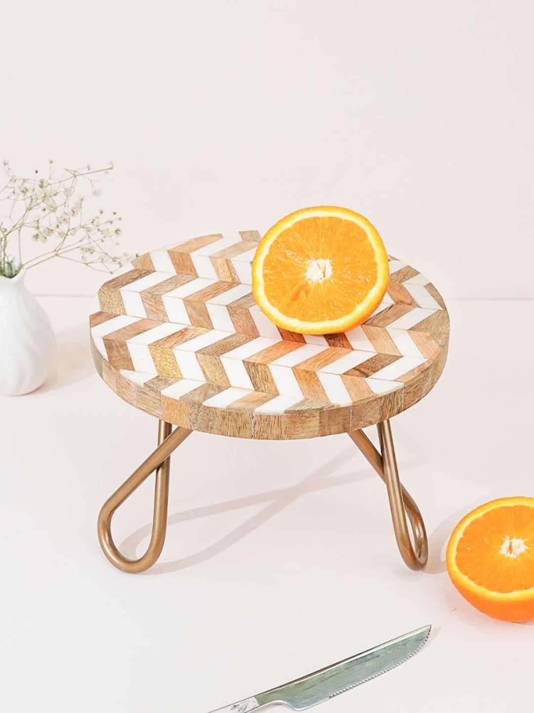 

CASA DECOR White & Golden Zic- Zac Printed Wooden Cake Stand