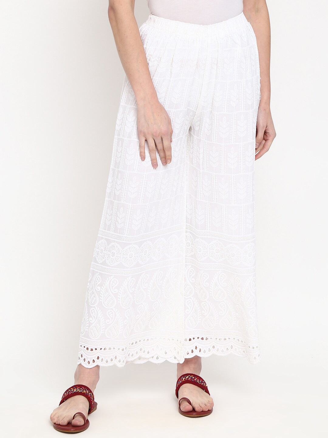 

V-Mart Women White Paisley Embroidered Flared Ethnic Palazzos