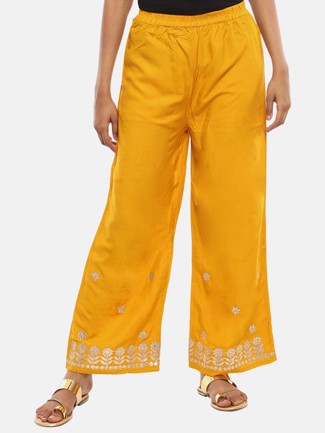 

V-Mart Women Mustard Yellow & Gold-Toned Floral Flared Ethnic Palazzos
