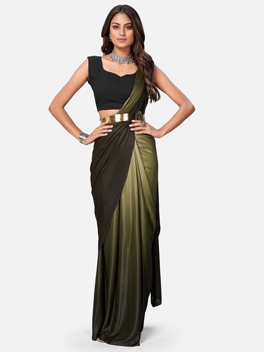 

SHOPGARB Olive Green & Black Ready to Wear Saree