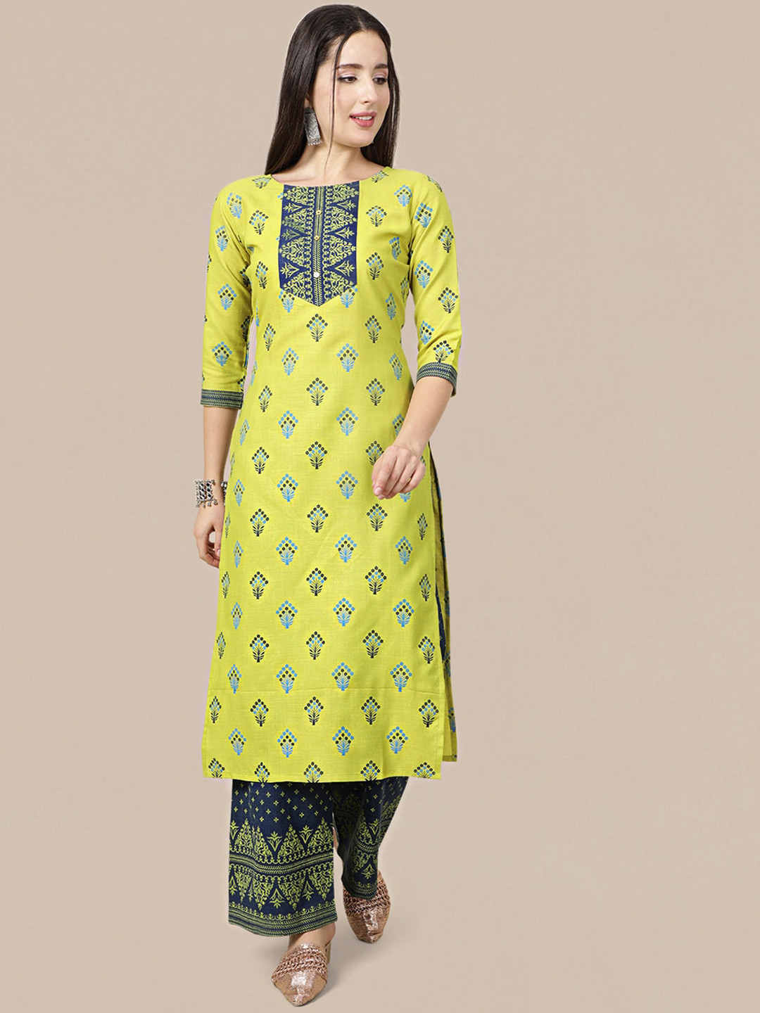 

MOKOSH Women Yellow and Green Floral Printed Kurta with Palazzo